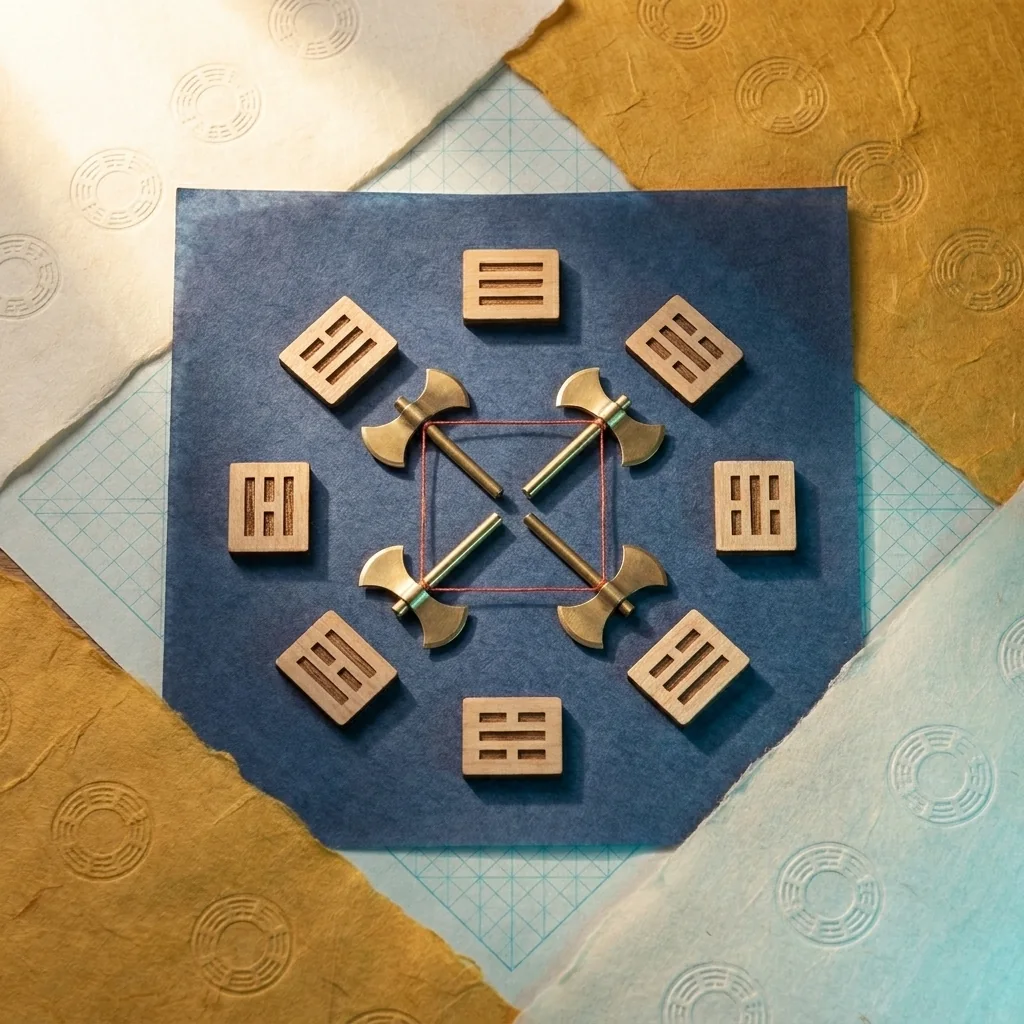 Eight wooden I Ching trigram tiles arranged around four crossed brass axes.