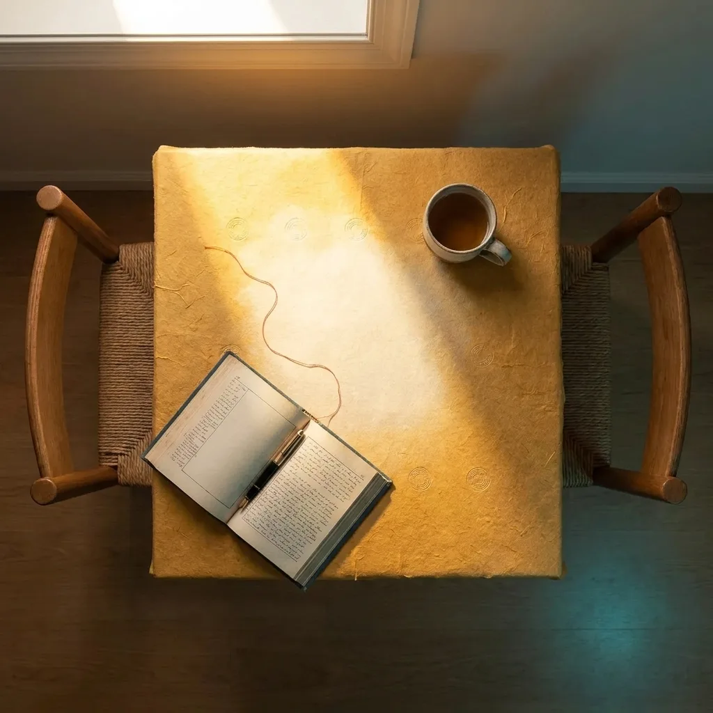 Two wooden chairs face each other across a paper-covered table, seen from above: an open handwritten casebook and pen on one side, a cup of tea on the other.